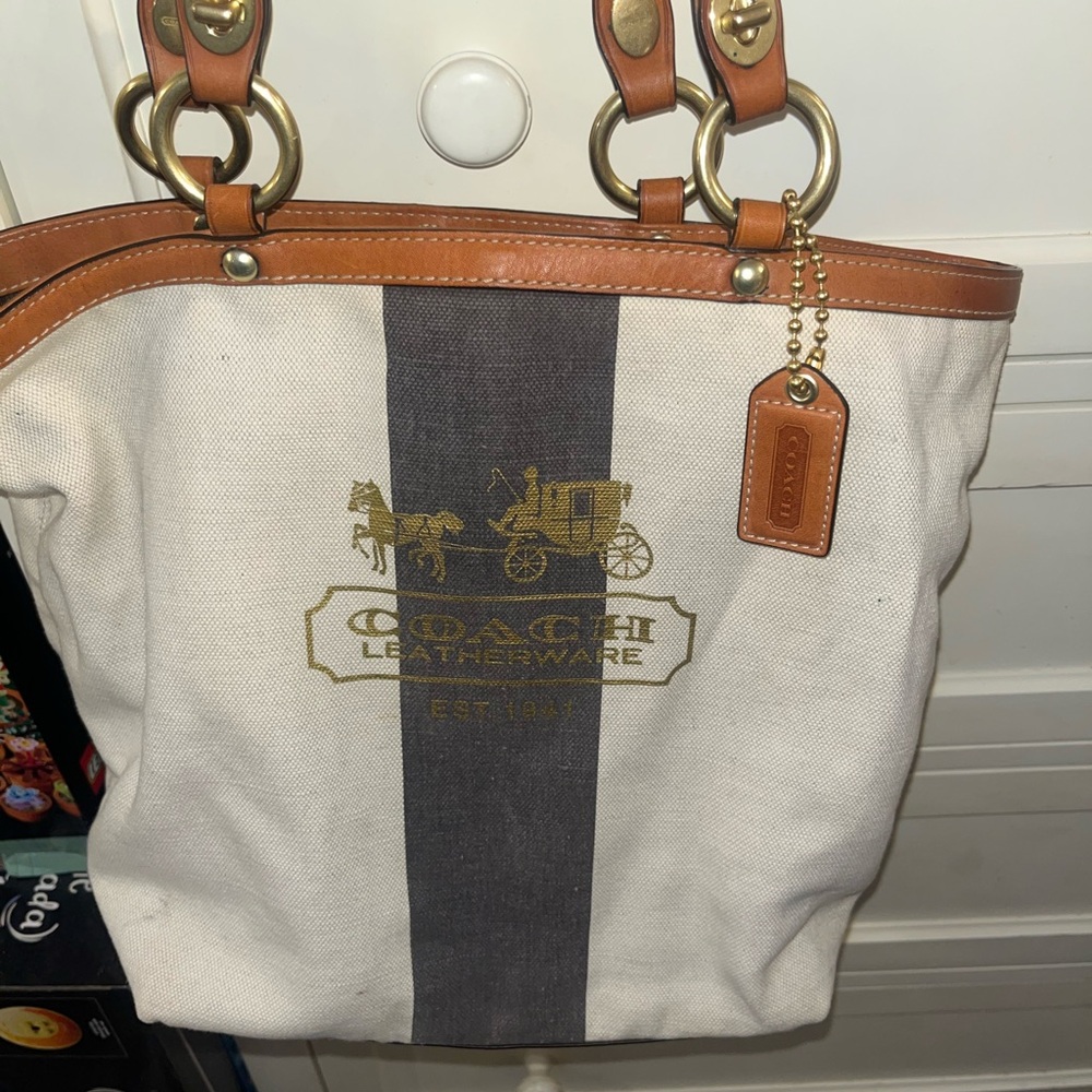 Coach Beige and Brown Canvas Tote with Leather Accents